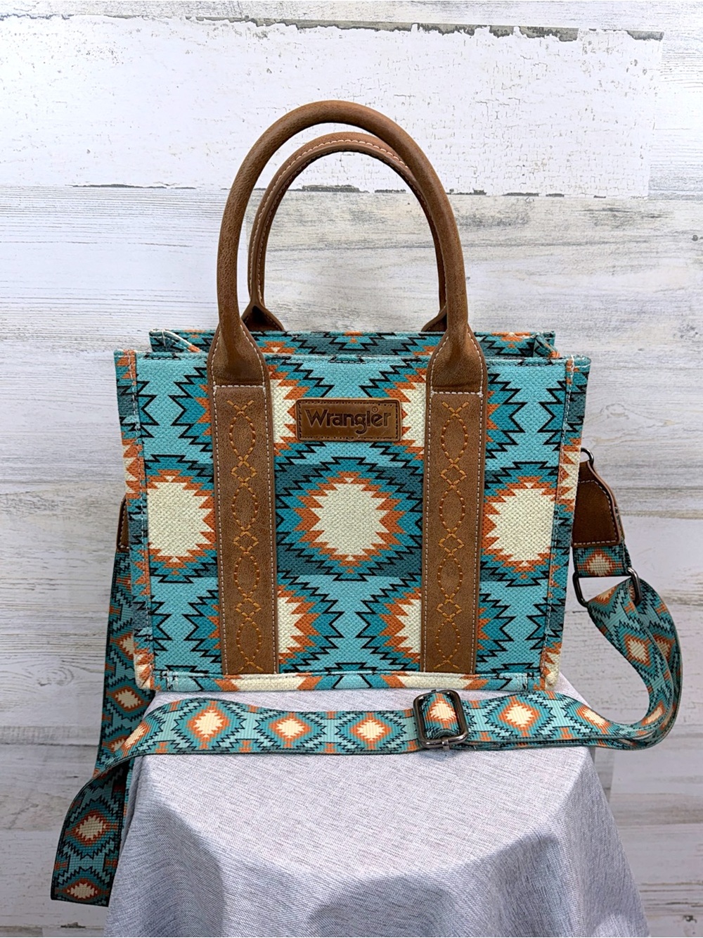 Wrangler Southwestern Aztec Canvas Tote Crossbody Bag Turquoise Western Chic - Picture 2 of 14